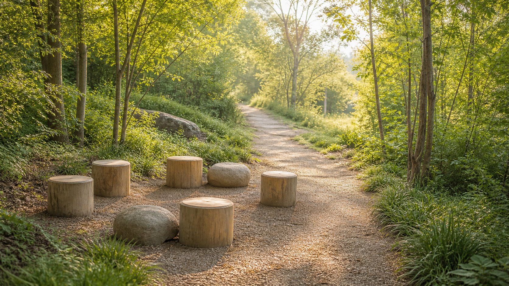 Neutraler Waldweg mit kleiner Sitzgruppe als Symbol für Gruppentherapie bei witErgo
