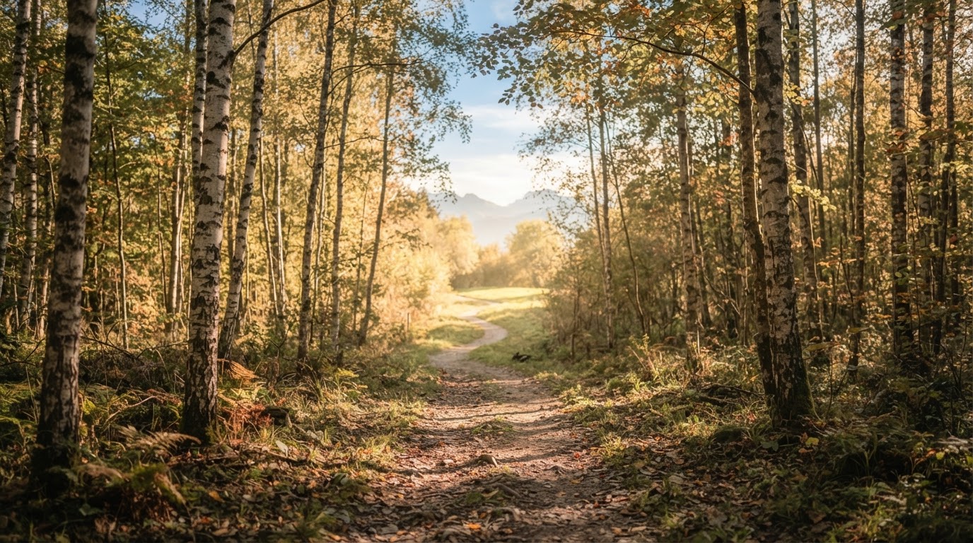 Ein sonnendurchfluteter Waldweg, der zu einer hellen Lichtung führt, Symbol für den therapeutischen Weg